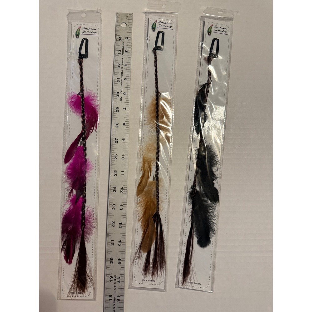 Vintage 1990s NOS Feather Hair Extensions Clips Set of 3 Pink Tan Black Boho